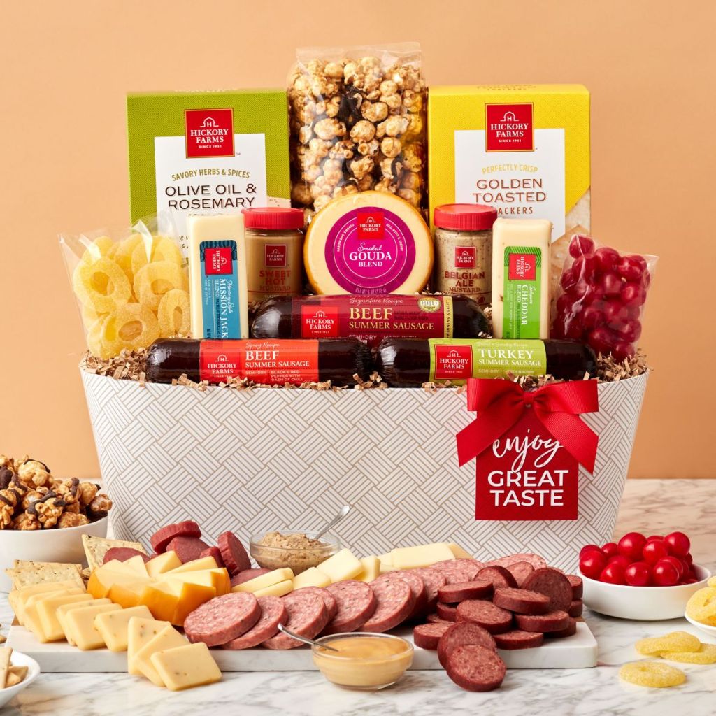 Gift box with Hickory Farms summer sausage, cheese, mustards, crackers and more snacks