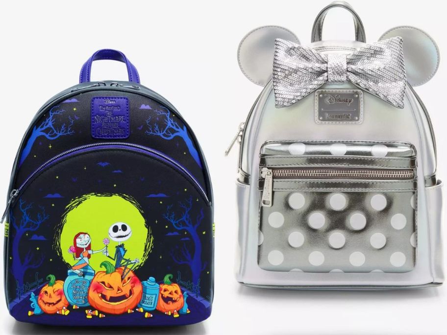 Stock images of Loungefly The Nightmare Before Christmas and Disney100 Mnnie Mini Backpacks