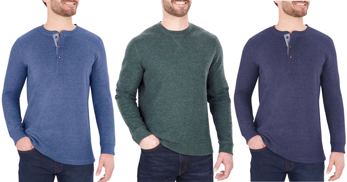 3 men wearing Members mark men's thermal henley and pullover 