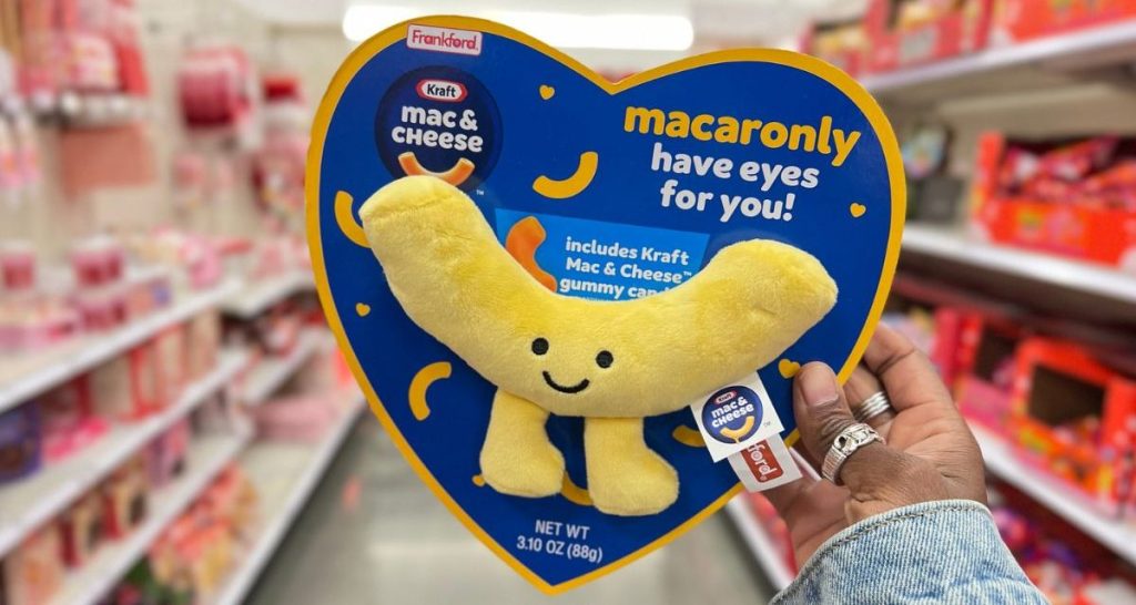 Hand holding up a Gummy Kraft Mac & Cheese Valentine Treat