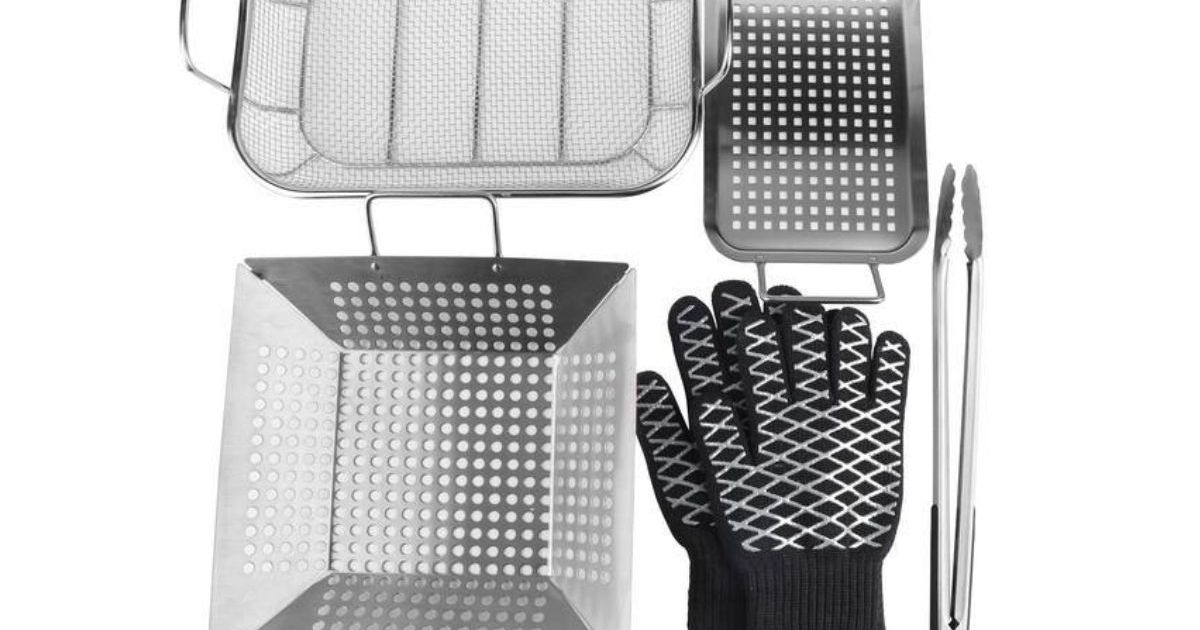 Pitmaster king 6 pc set with 3 grilling trays, tongs and heat resistant gloves