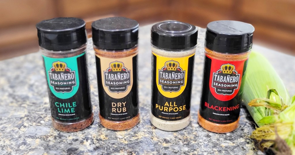 four bottles of Tabañero Seasonings on kitchen counter