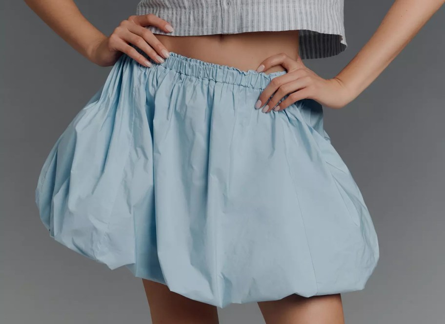 close up of baby blue bubble skirt 