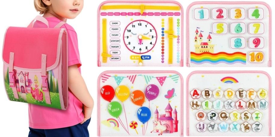 pink four page busyboard backpack