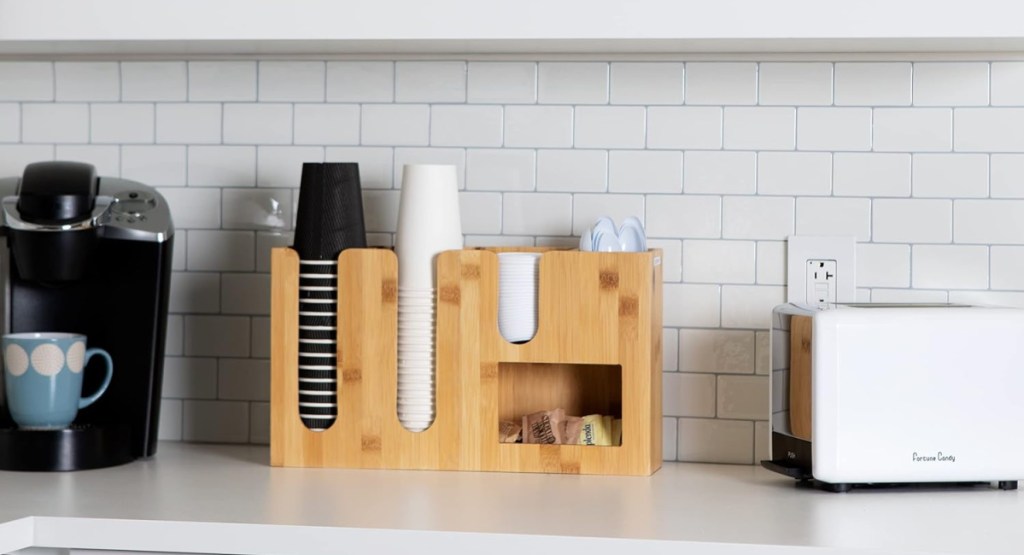 condiment station displayed in the kitchen next to coffee maker and toaster