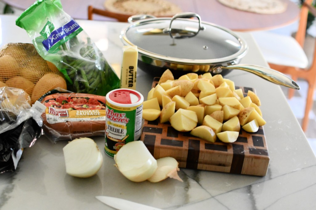 ingredients for sausage green beans and potatoes