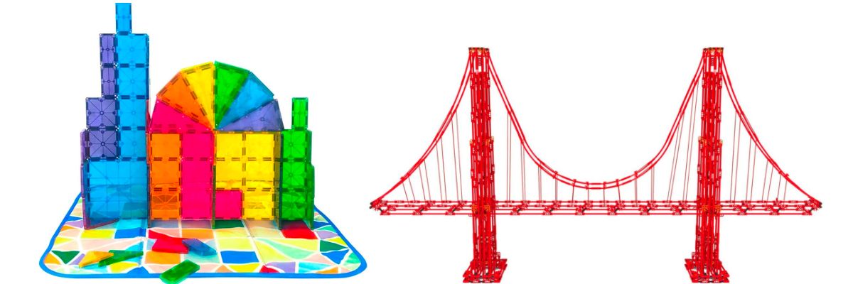 magna tiles set and K'nex golden gate bridge model