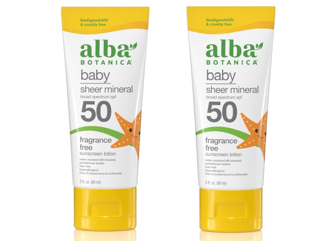 two stock images of Alba Botanica Baby Sunscreen SPF 50 Lotion 3oz Tube