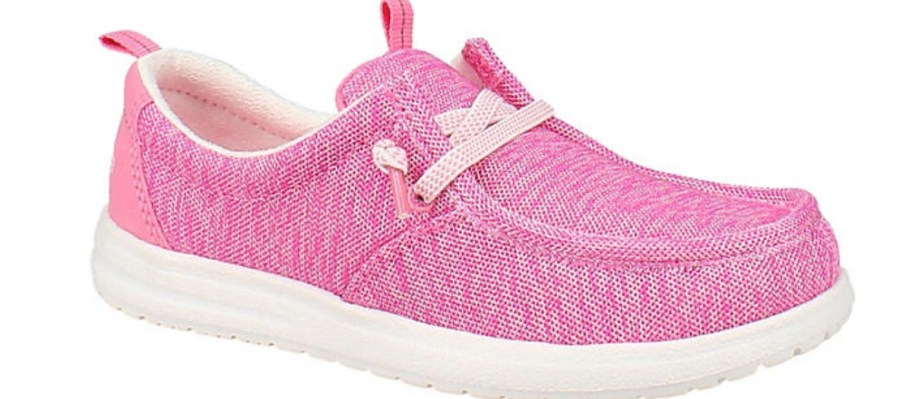 a pink and white kids canvas slip on shoe