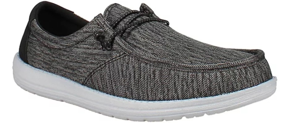 a grey and white men's slip on canvas shoe
