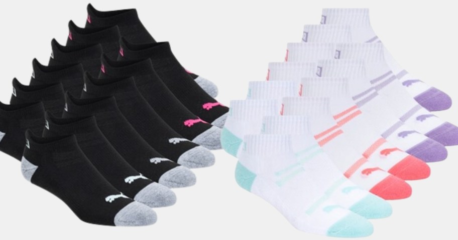 12 packs of PUMA women's socks, 1 set low cut black and grey, 1 set crew cut white with pastel colors