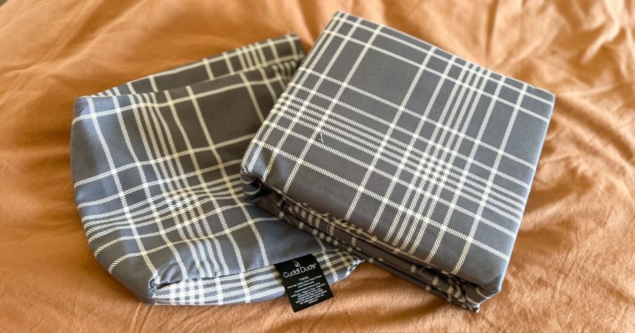 gray and white plaid flaneel sheets