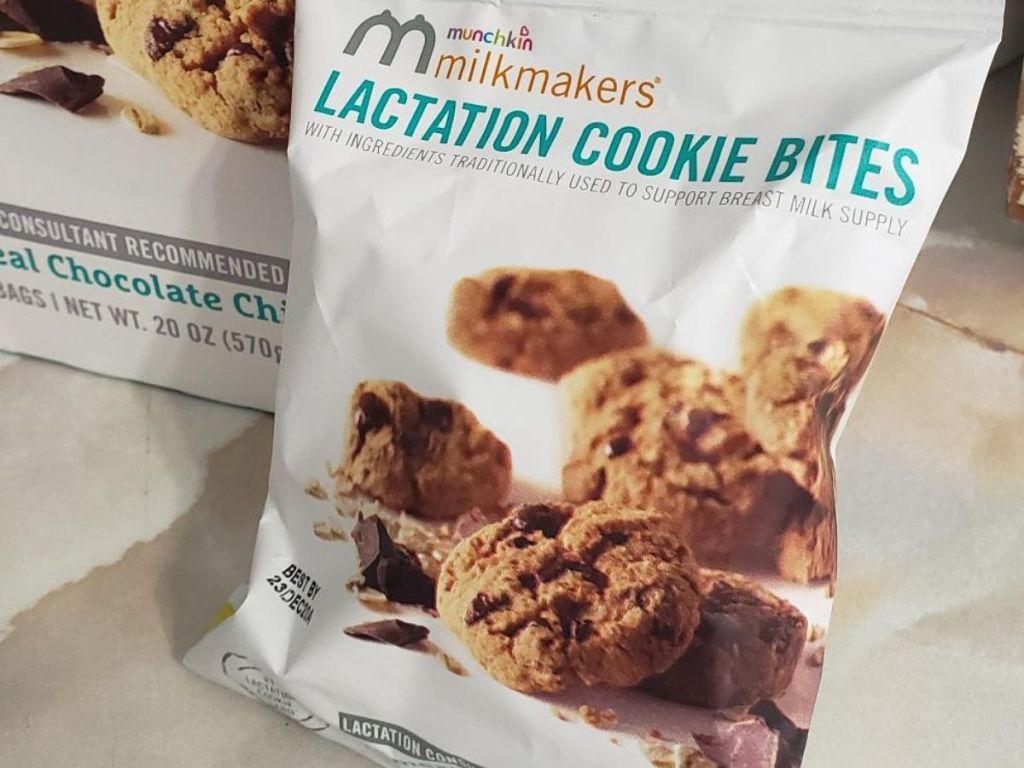 bag of Munchkin Lactation Cookie Bites next to the product box