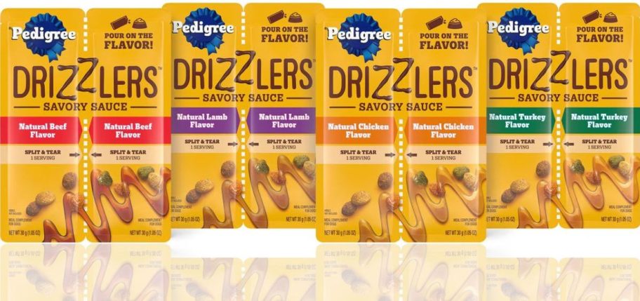 4 different flavors of Pedigree Drizzlers twin packs