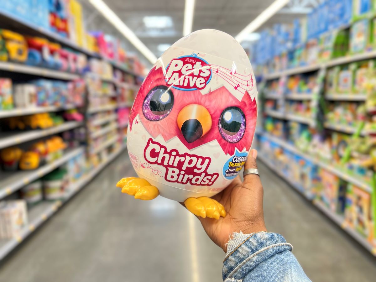 hand holding a Pets Alive Chirpy Bird in the toy aisle at Walmart