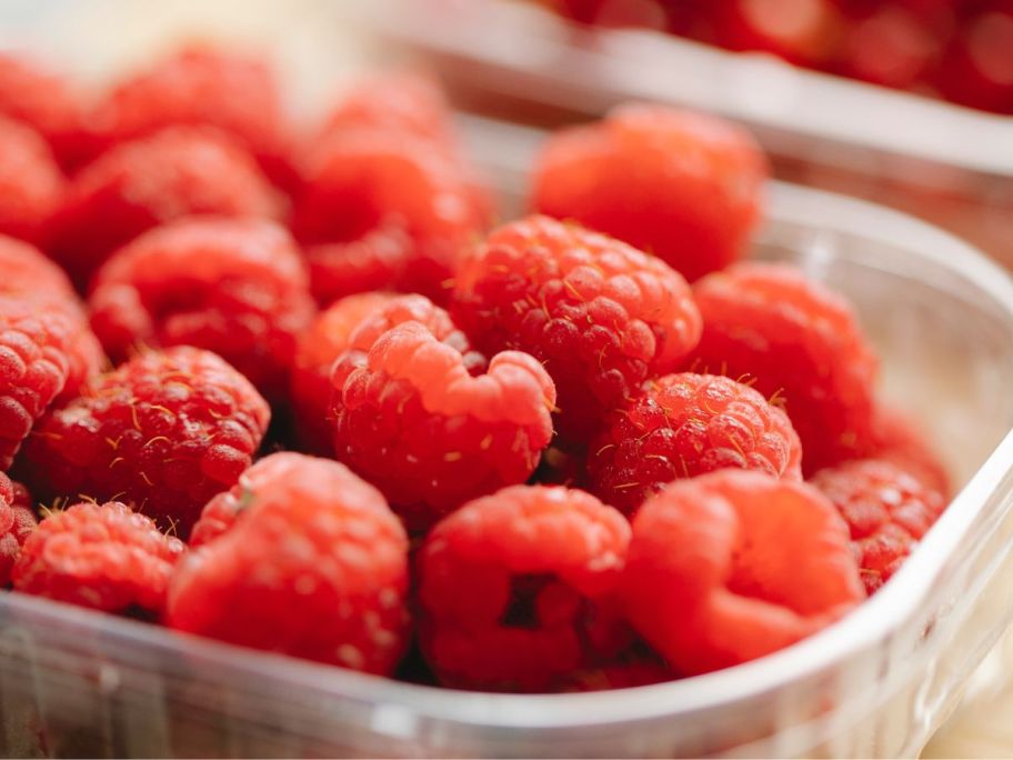 Plastic clamshell container of raspberries