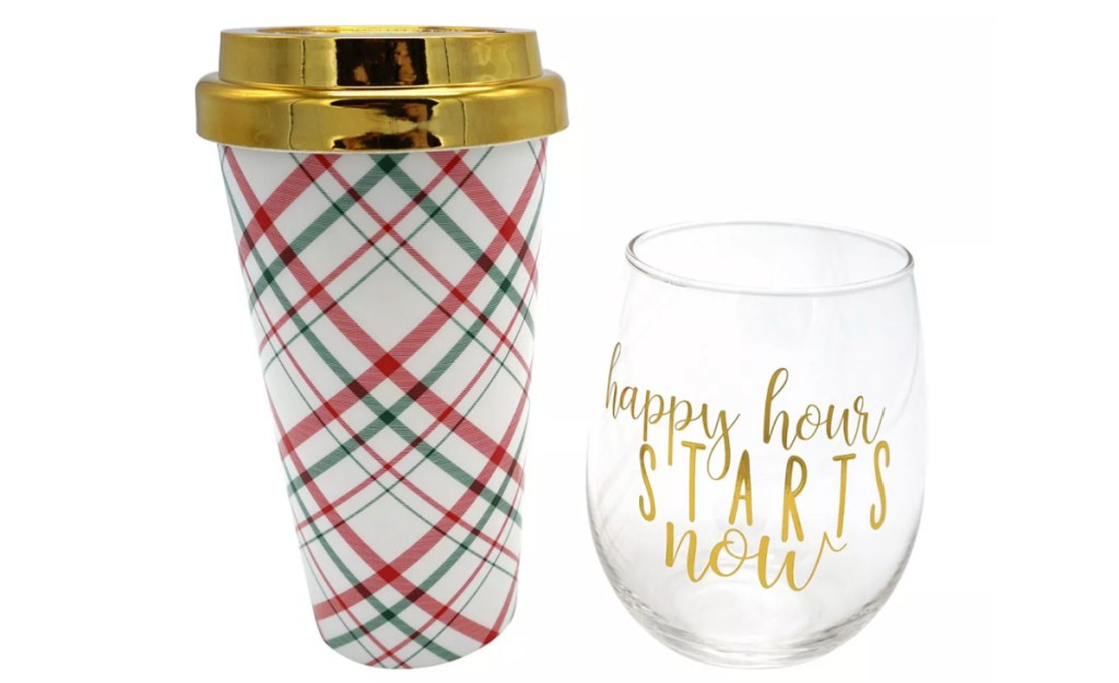 TMD Holdings Plaid Acrylic Travel Mug and Wine Glass Set 2 Piece