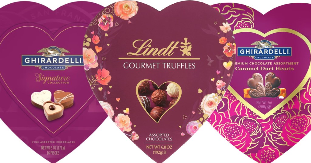 3 heart shaped boxes of gourmet Valentine's day chocolates