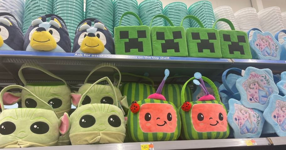 A number of Walmart Easter Baskets on shelves including Minecraft, Grogu, Bluey, and Coonlineelon