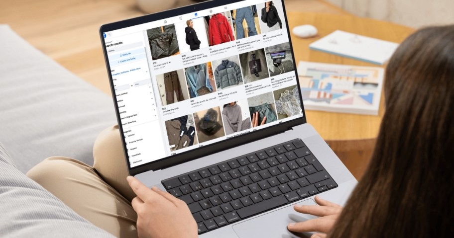 woman sitting on couch with laptop on lap and facebook marketplace on screen ways to make extra money
