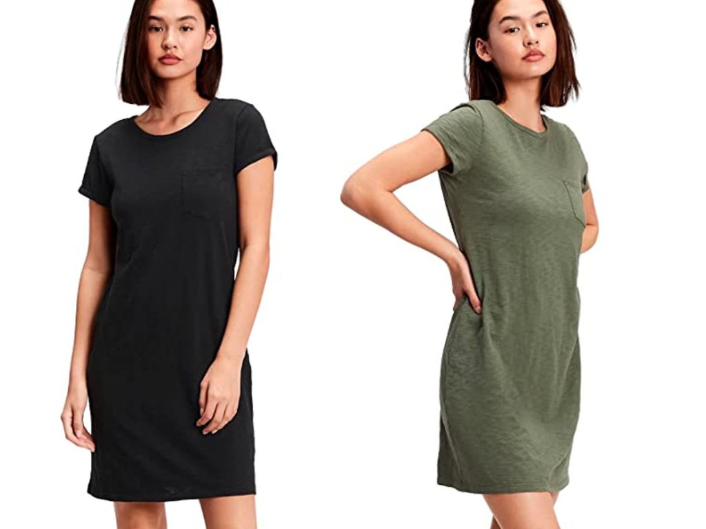 two women wearing black and green gap womens dresses