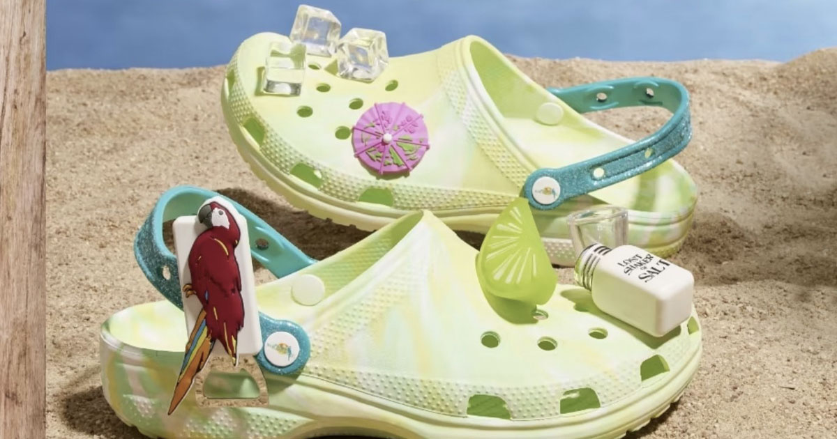 margaritaville crocs on beach sand