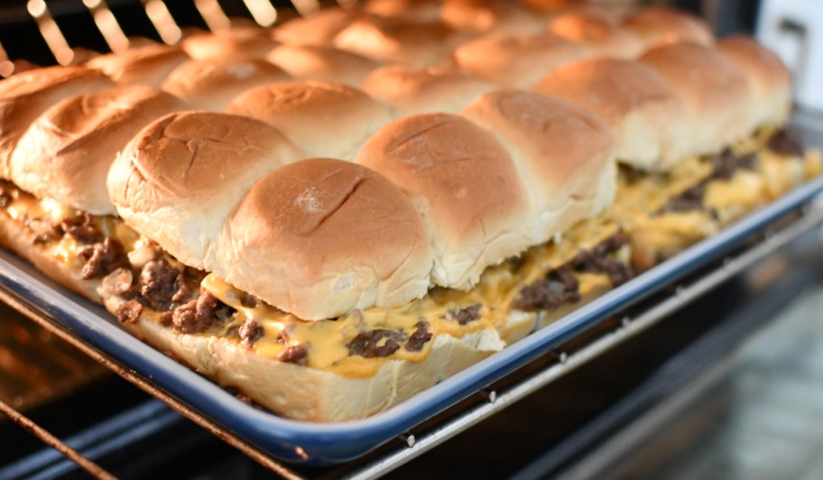 melting cheese on the sliders in the oven