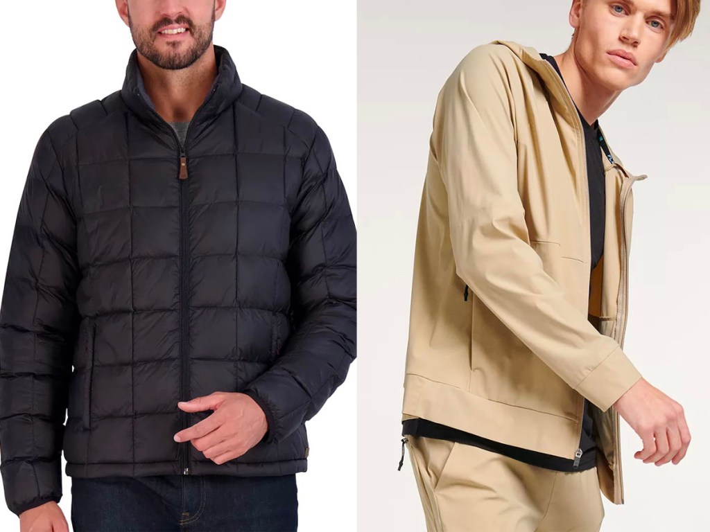 two men wearing black zeroxposur jacket and fit tan jacket