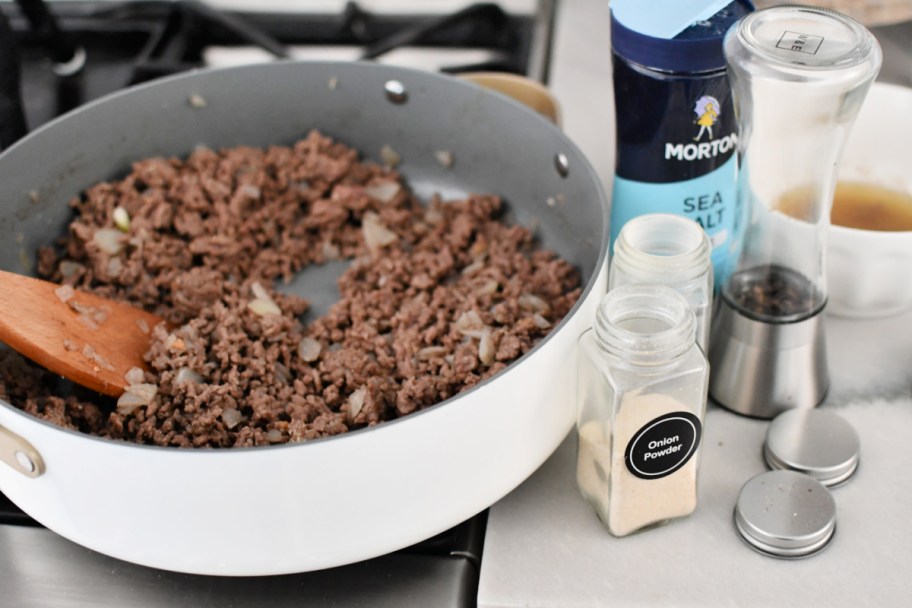 seasoned ground beef in a skillet