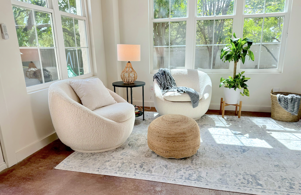 Swivel chairs from Walmart in the sunroom 