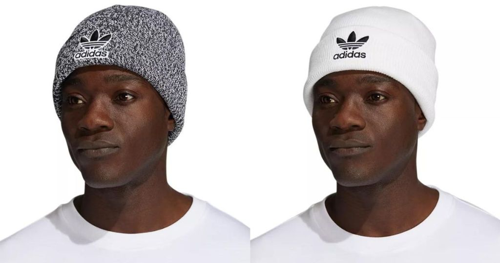 man wearing adidas gray beanie and man wearing white and black adidas beanie