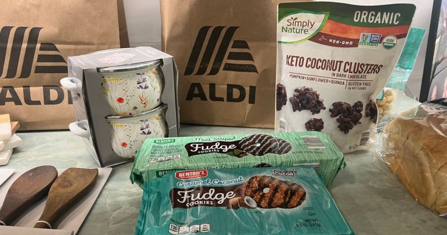 Aldi Products laid out in front of an ALDI paper shopping bag