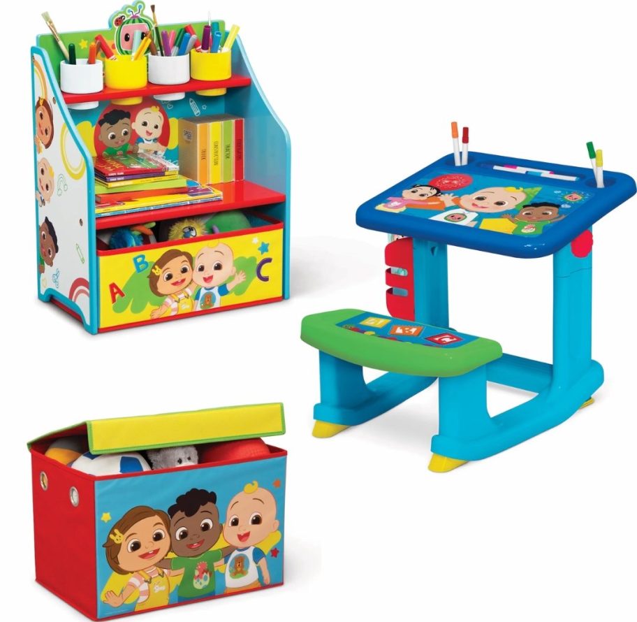 kid's Coonlineelon art set with a toybox, art desk and storage shelf