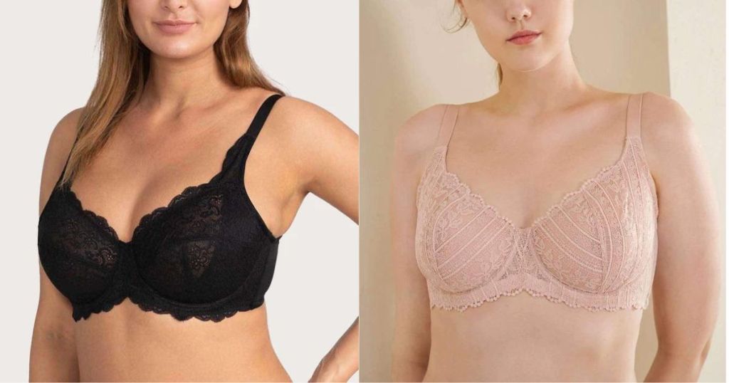 woman wearing black lace bra and woman wearing pink lace bra