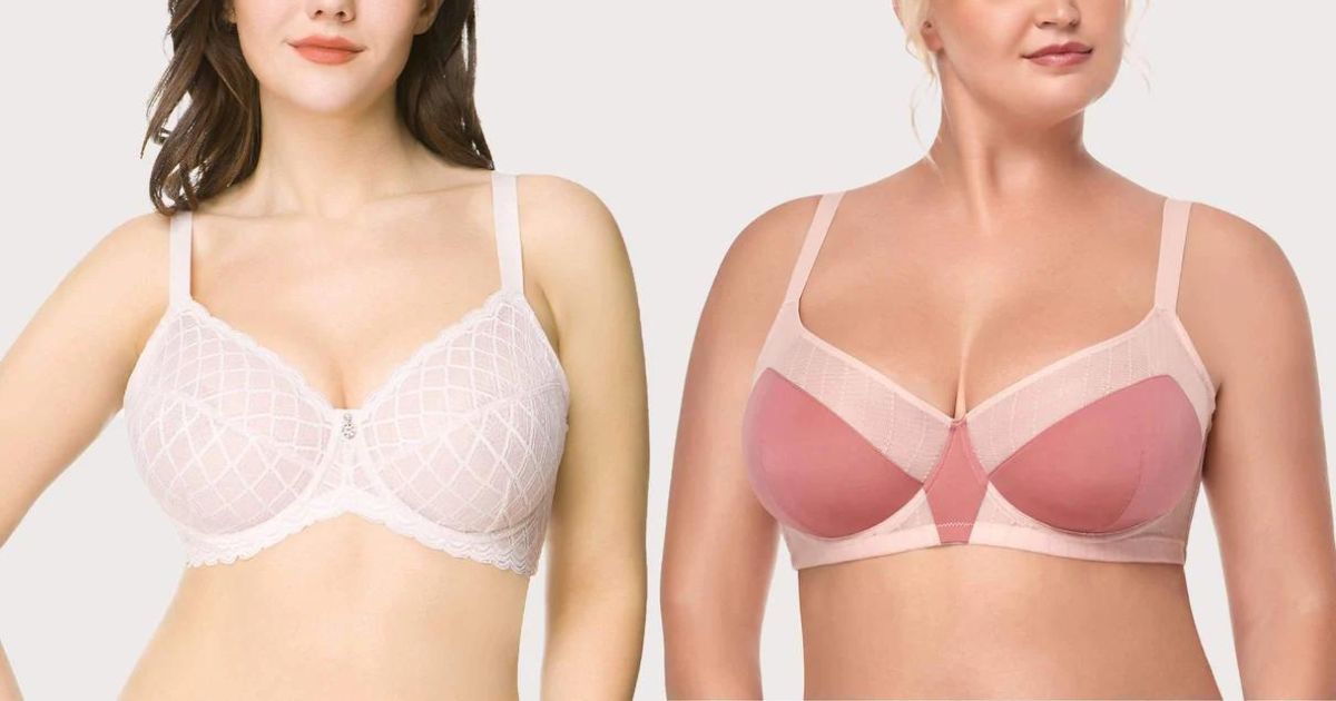 woman wearing white lace bra and woman wearing pink plaid bra