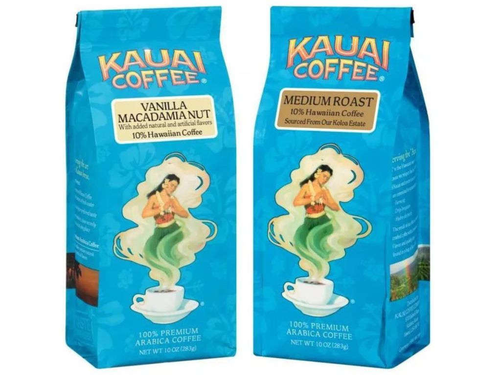 Two blue bags of Hawaiian coffee