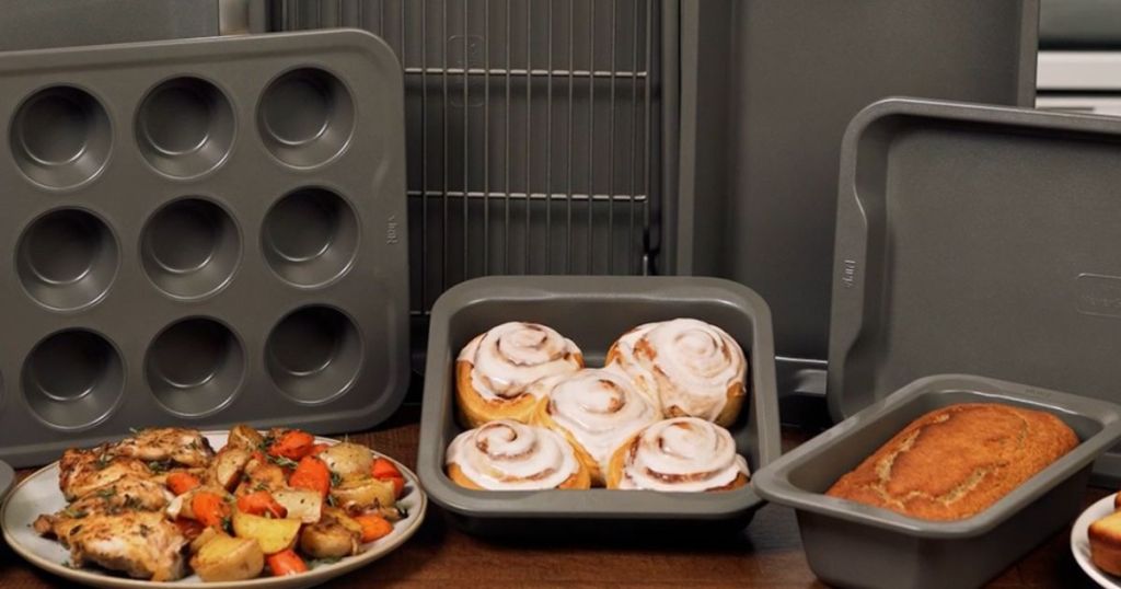 Ninja foodi bakeware set up with various baked goods