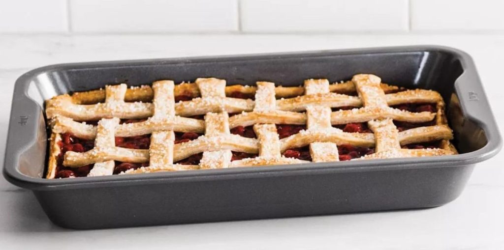 Ninja Foodi rectangular bake pan with a pastry in it