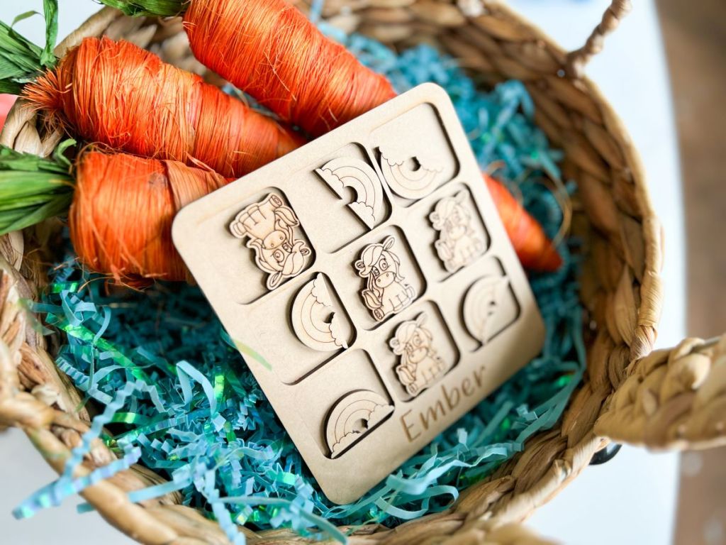 Personalized Tic Tac Toe Game in an Easter basket with fake carrots