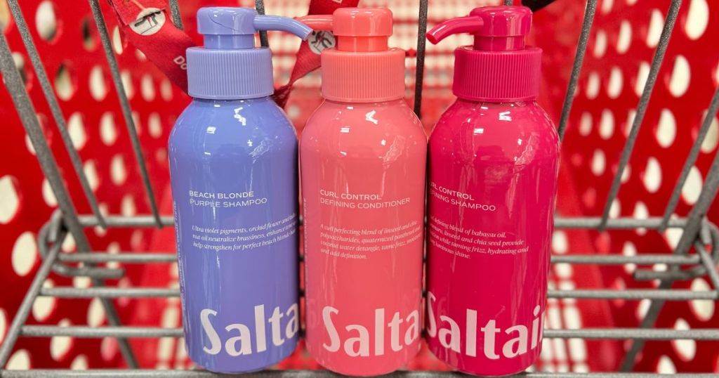 Three bottles of Saltair hair care in a Target cart