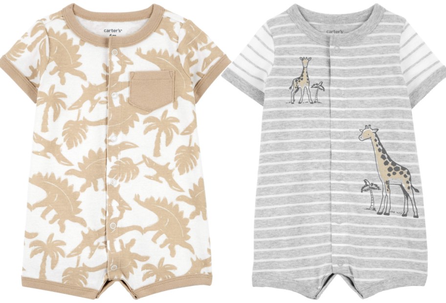 Stock image of carters dinosaur and giraffes rompers