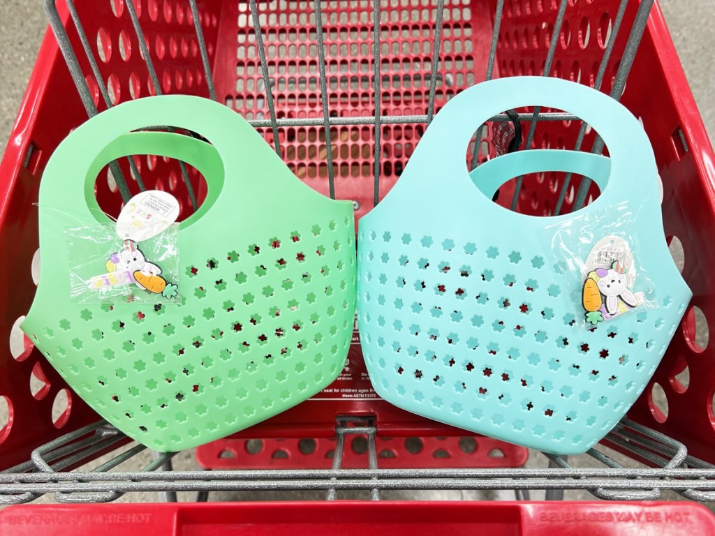 light green and blue plastic easter baskets in red target shopping cart