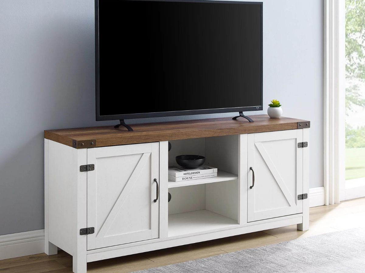 woven paths modern farmhouse tv stand in white