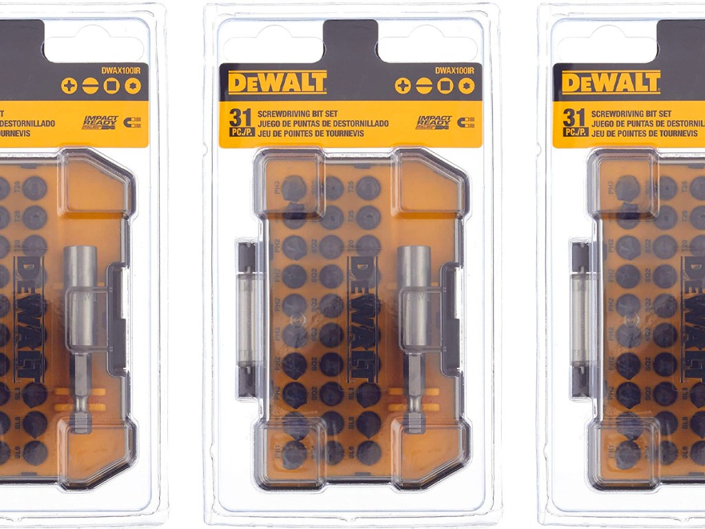 3 dewalt impact driver screwdriver sets in a row