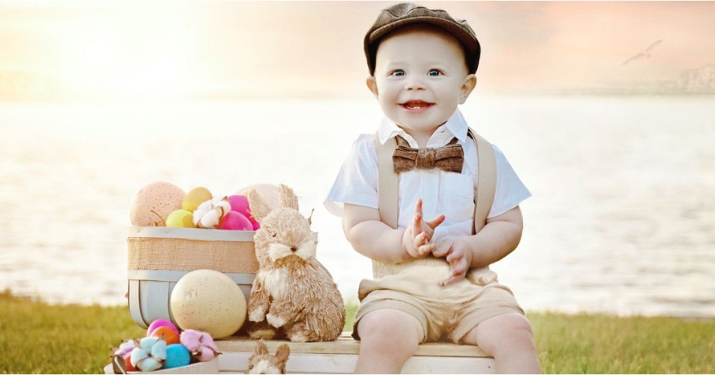 boy in driver cap and suspenders in easter scene