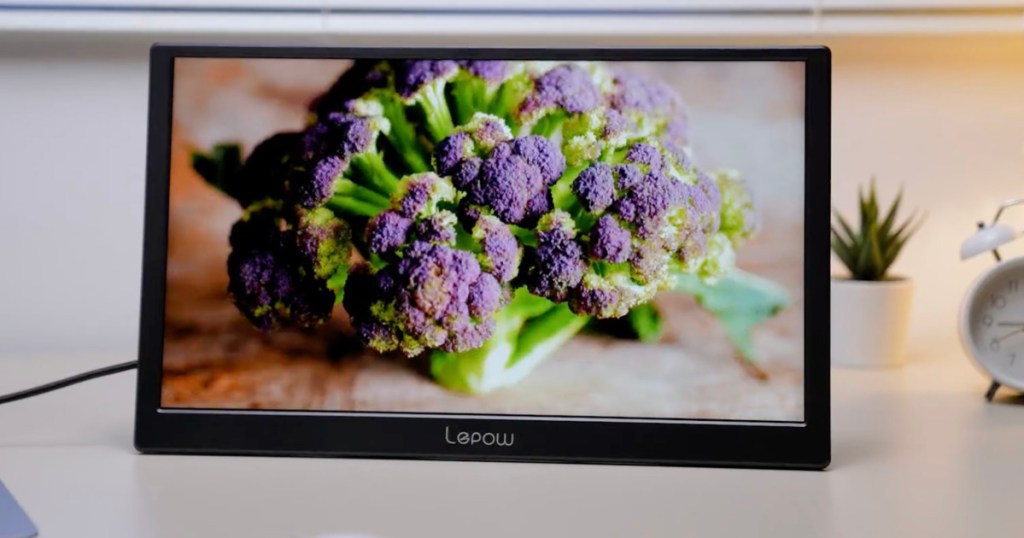 thin black monitor with flowers on screen