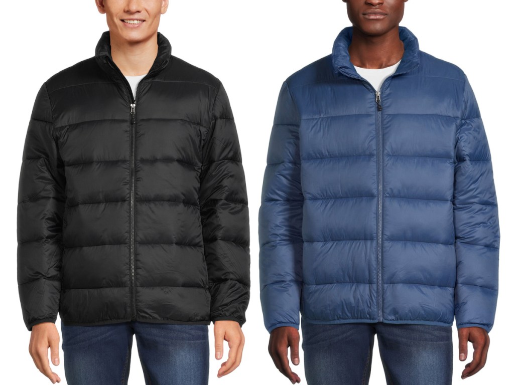 men wearing black and blue puffer jacket