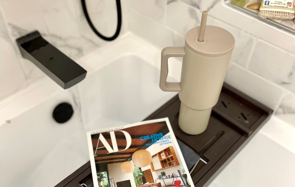 almond birch simple modern tumbler on bathtub tray