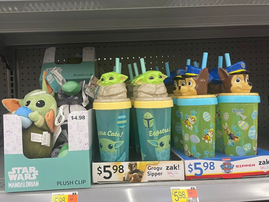 Star Wars Grogu Plush Clips, Grogu Tumblers and Paw Patrol Tumblers on shelf