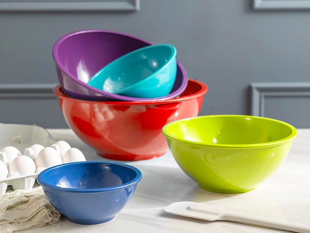 zak mixing bowl set stacked on countertop next to eggs